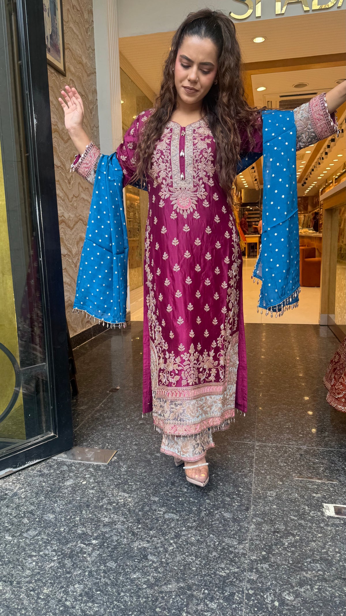 Long Pakistani Suit Set in Satin Silk with Beads Handwork (Copy)