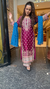 Long Pakistani Suit Set in Satin Silk with Beads Handwork (Copy)