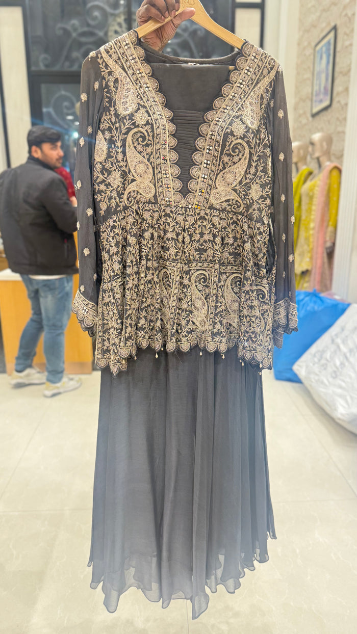 Graceful Chinon Suit with Machine Embroidery