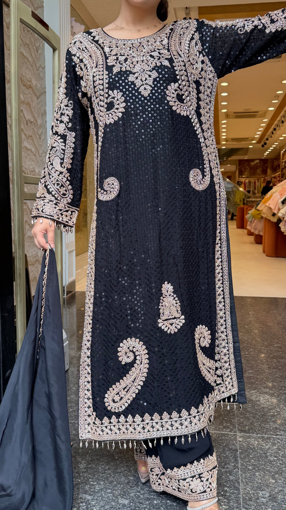 Georgette fabric Suit Set with Sequin Shirt &  Beads Handwork ( 3xl size sides will be plain handwork can be customised )