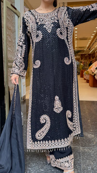 Georgette fabric Suit Set with Sequin Shirt &  Beads Handwork ( 3xl size sides will be plain handwork can be customised )