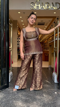 Shimmer Tissue Shirt & Blouse with Brocade Pants | Dabka & Cutdana Embellished Coord Set