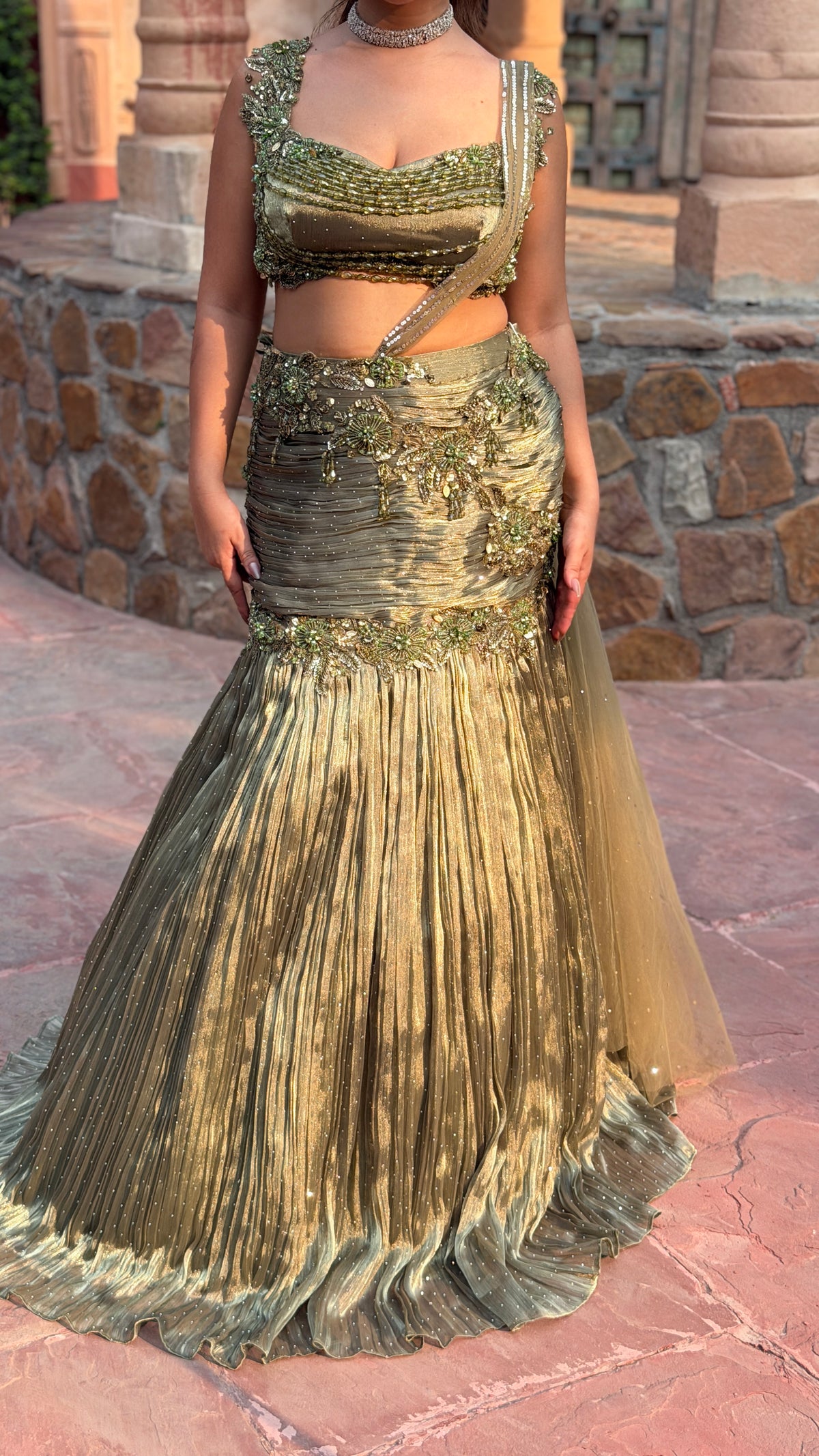 Shimmer Tissue Lehenga with Stone, Sequin, Pearl, Swarovski & Cutdana Work