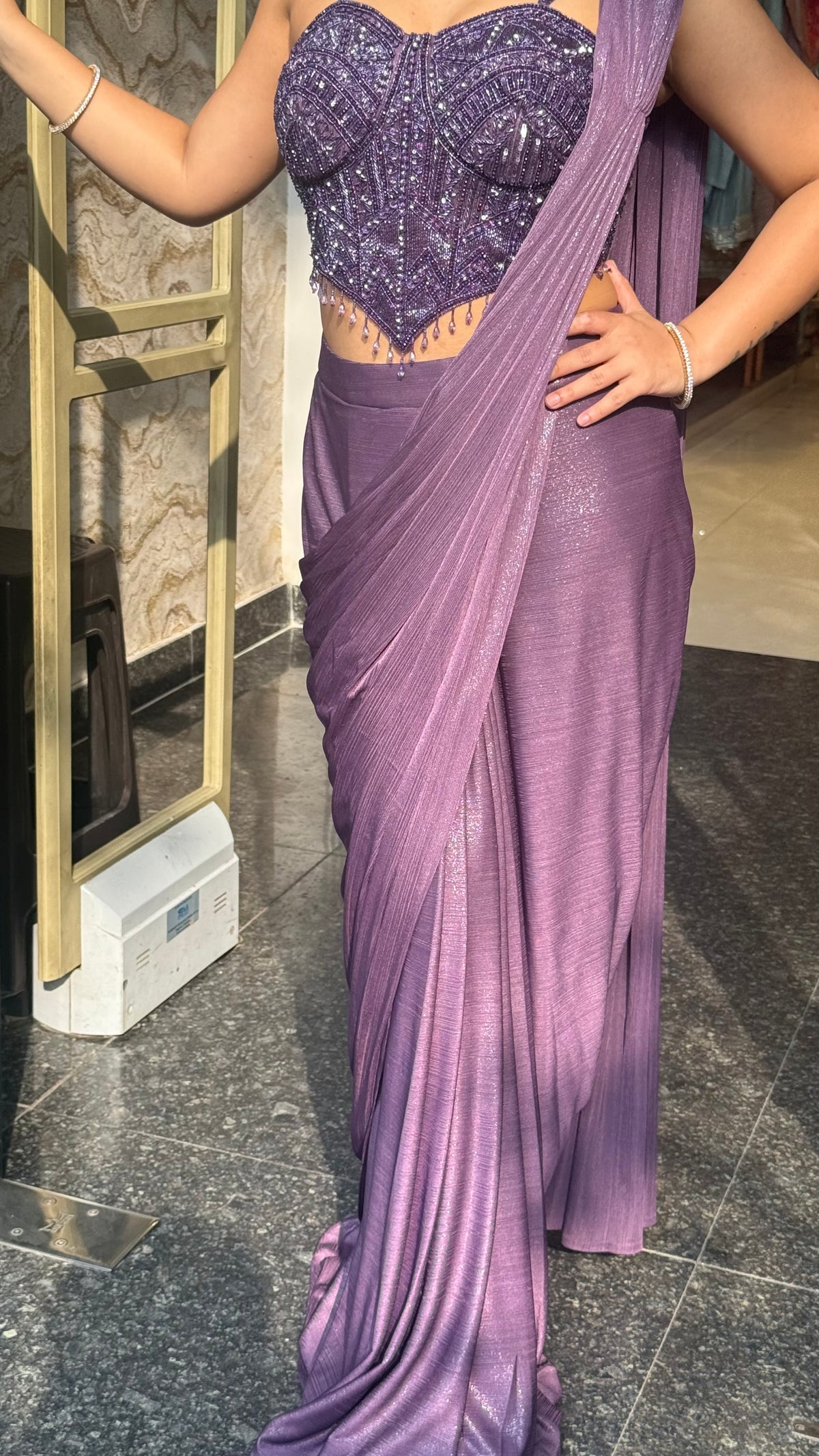 Shimmer Lycra Drape Saree with Handwork Corset Blouse