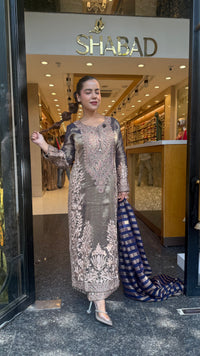 Designer Shimmer Tissue Suit Set with Thread Embroidery Beads & Multicolour Stone Work ( 46 size sides will be plain customisation available if handwork needed )