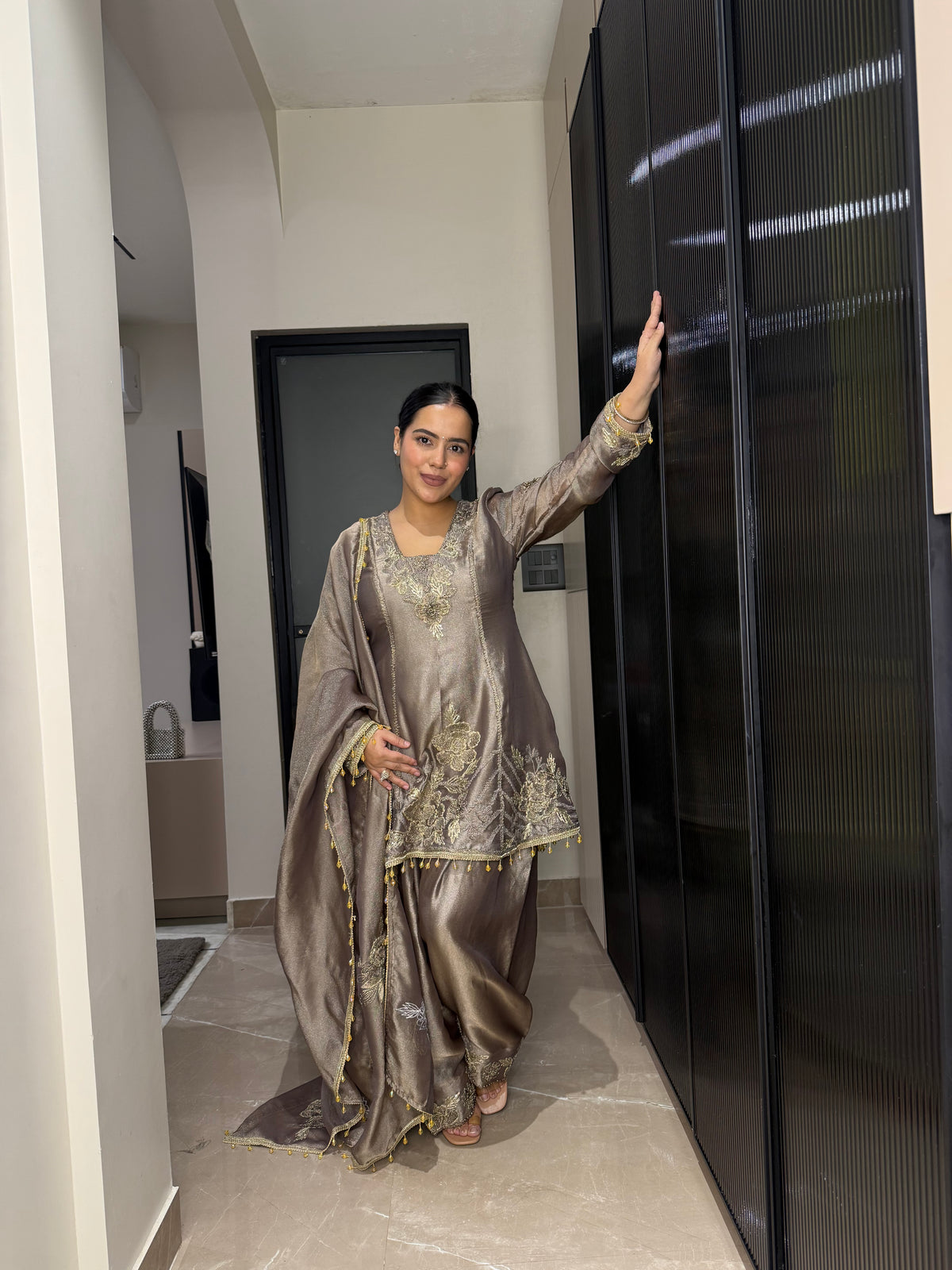 Silk Organza Suit with Zardosi & Aari Embroidery | Antique Silver & Gold Work