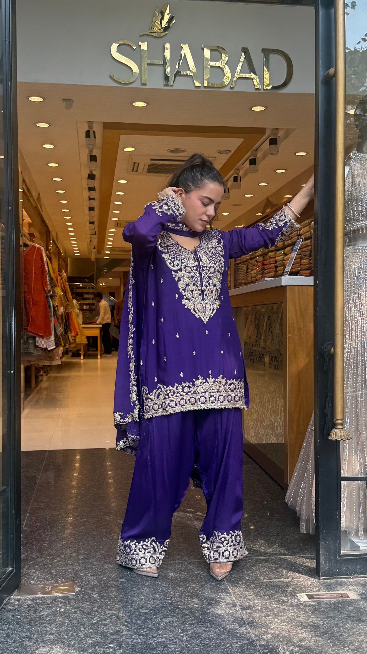 Designer Chinon Suit Set with Dori & Sequin Work