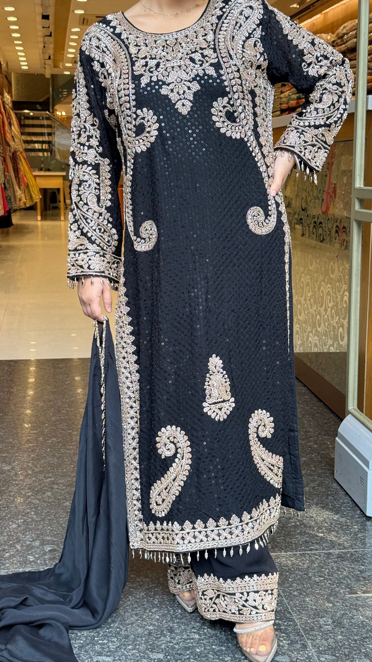 Georgette fabric Suit Set with Sequin Shirt &  Beads Handwork ( 3xl size sides will be plain handwork can be customised )