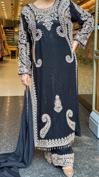 Georgette fabric Suit Set with Sequin Shirt &  Beads Handwork ( 3xl size sides will be plain handwork can be customised )