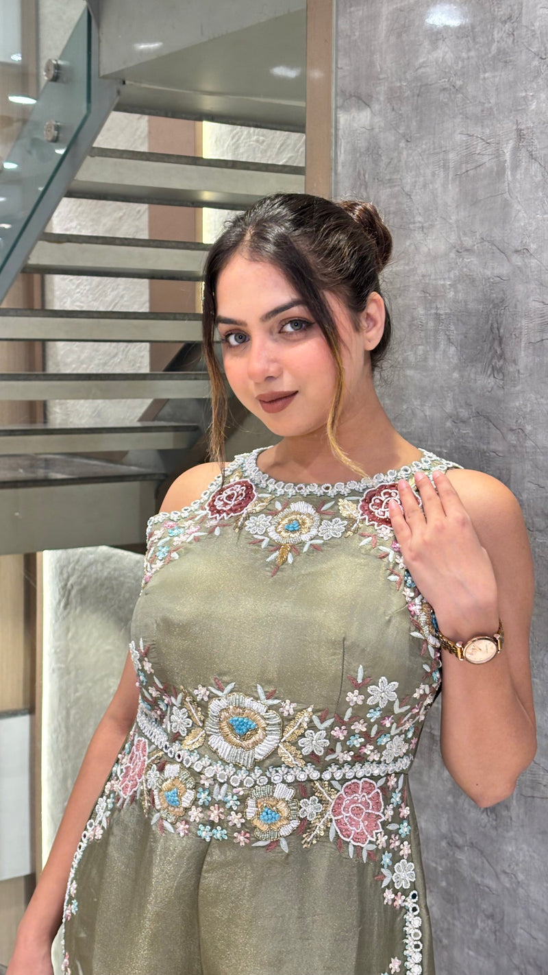 Handworked Designer Jumpsuit –Thread embroidery with pearl dabka and sequin work detailing silk fabric