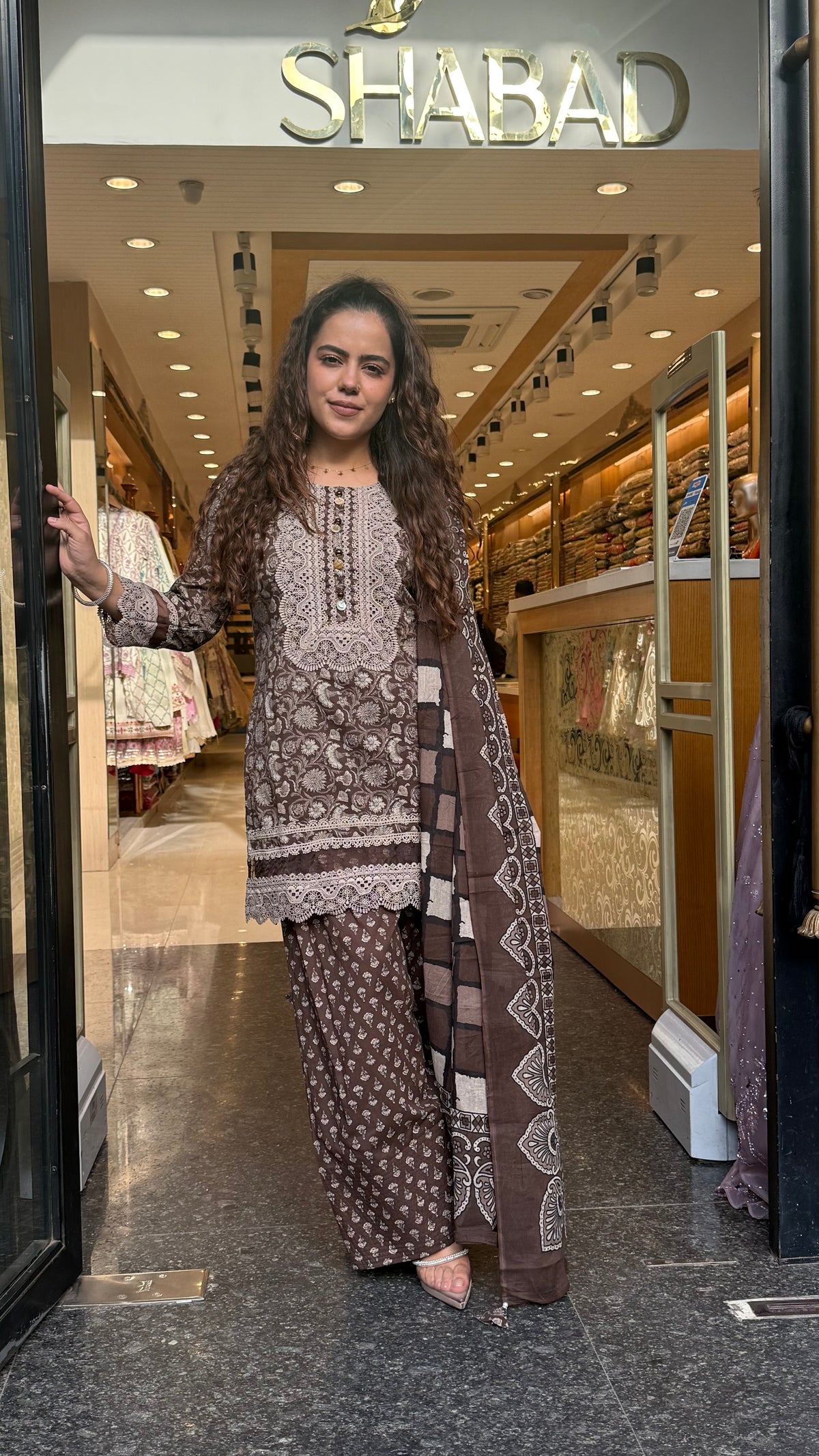 Ajrakh Print Farshi Suit Set with Thread Embroidery Neckline Mirror & Shells Detailing | Up to Size 46 (Copy)