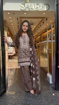 Ajrakh Print Farshi Suit Set with Thread Embroidery Neckline Mirror & Shells Detailing | Up to Size 46 (Copy)