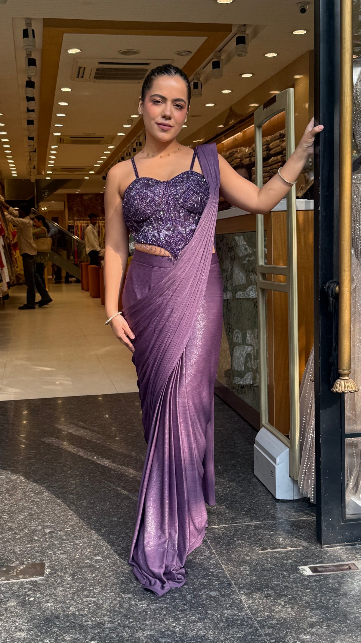 Shimmer Lycra Drape Saree with Handwork Corset Blouse