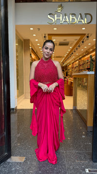 Elegant Crepe Drape Saree with Pearl Tassel Blouse – Designer Ethnic Wear
