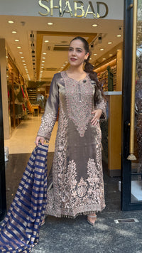Designer Shimmer Tissue Suit Set with Thread Embroidery Beads & Multicolour Stone Work ( 46 size sides will be plain customisation available if handwork needed )