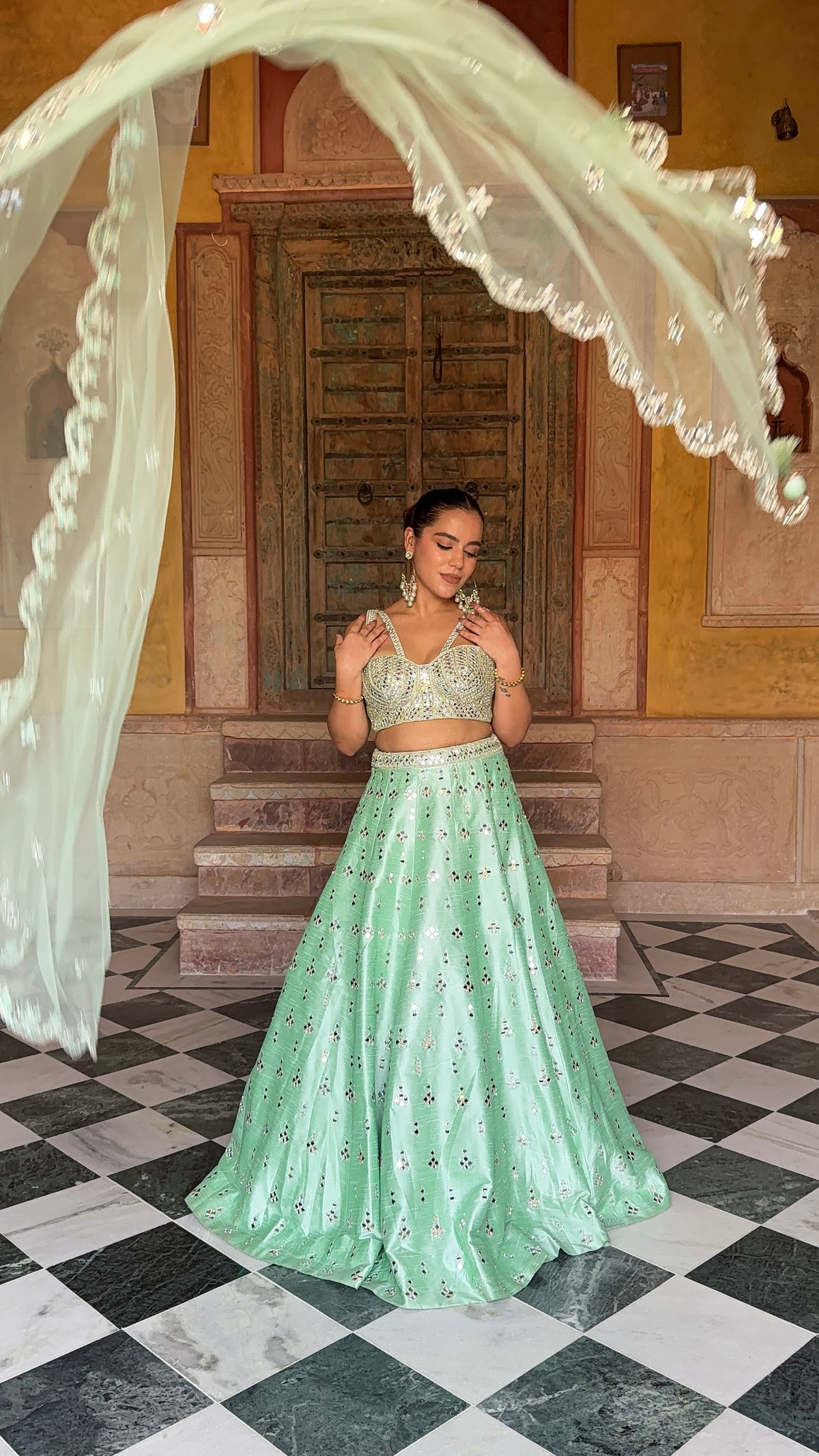 Elegant Raw Silk Lehenga with Intricate Mirror Work