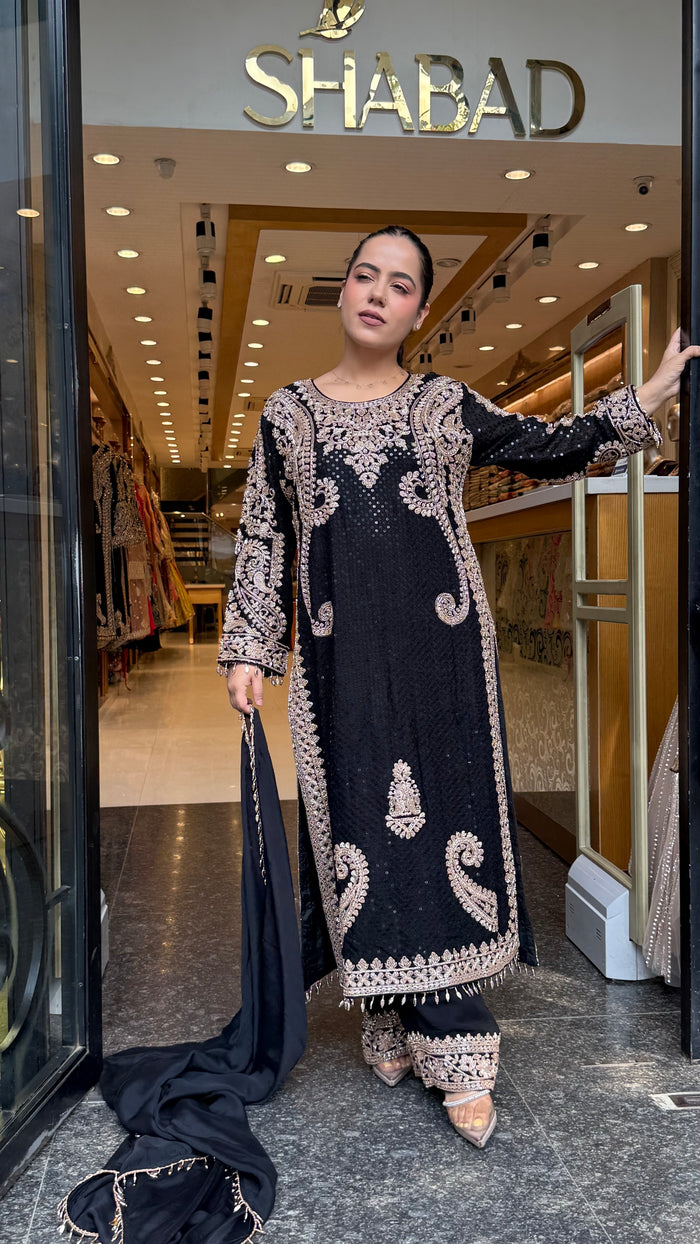 Georgette fabric Suit Set with Sequin Shirt &  Beads Handwork ( 3xl size sides will be plain handwork can be customised )