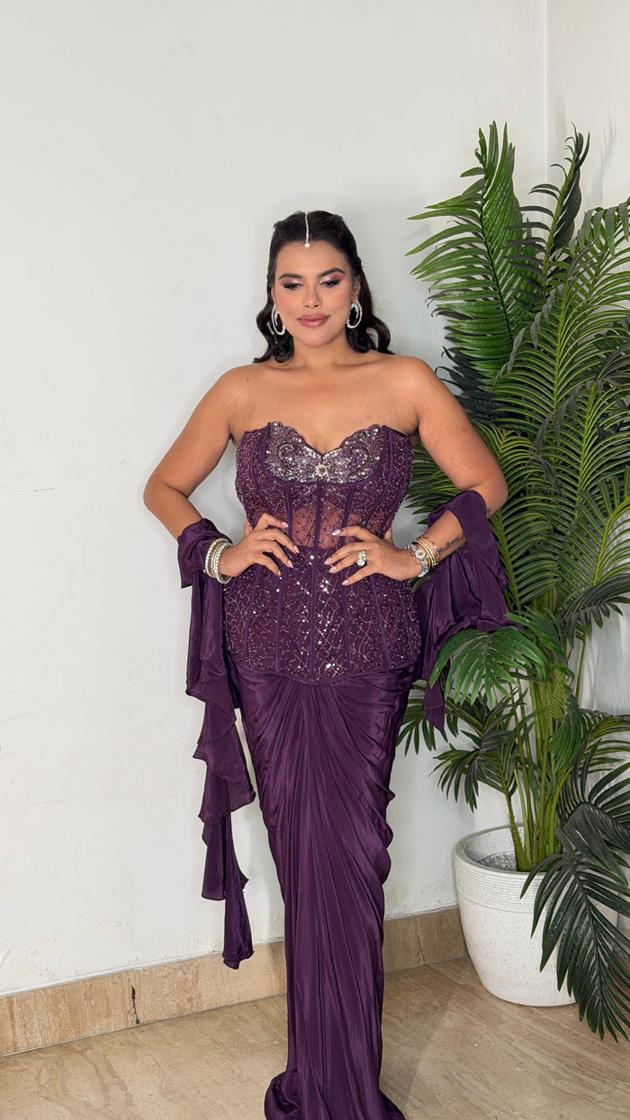 Glam Drape: Handwork Corset Blouse Saree Set with Crepe Bottom