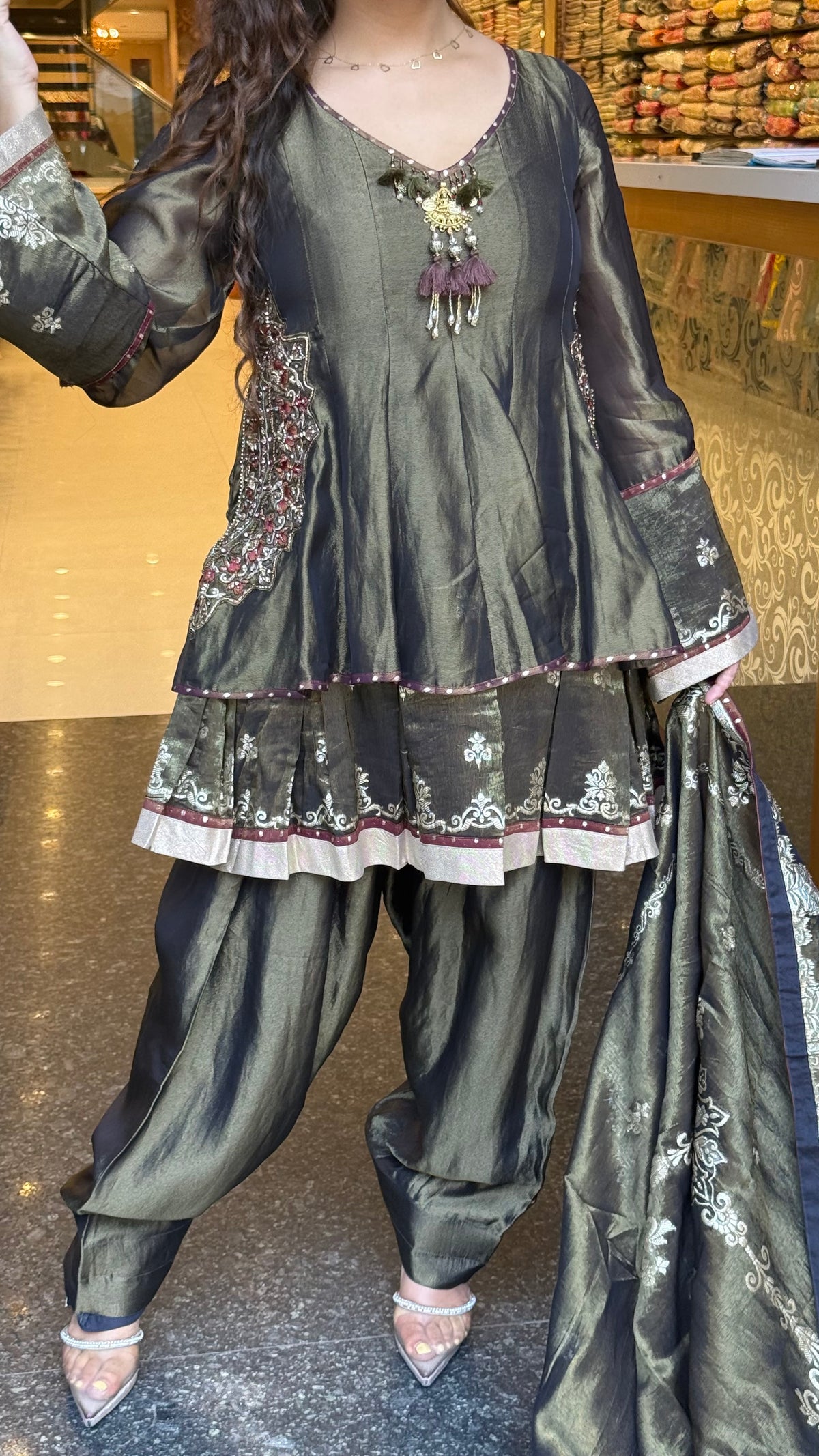 Pure Shimmer Silk Suit Set with Handwork & Stone Embroidery