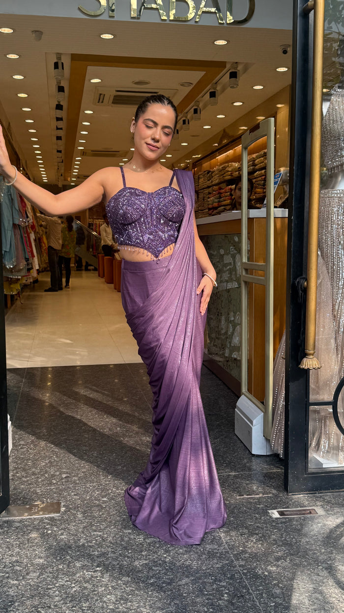 Shimmer Lycra Drape Saree with Handwork Corset Blouse