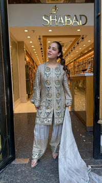 Luxury Shimmer Tissue Suit Set with Beads Jewellery & Mirror Work