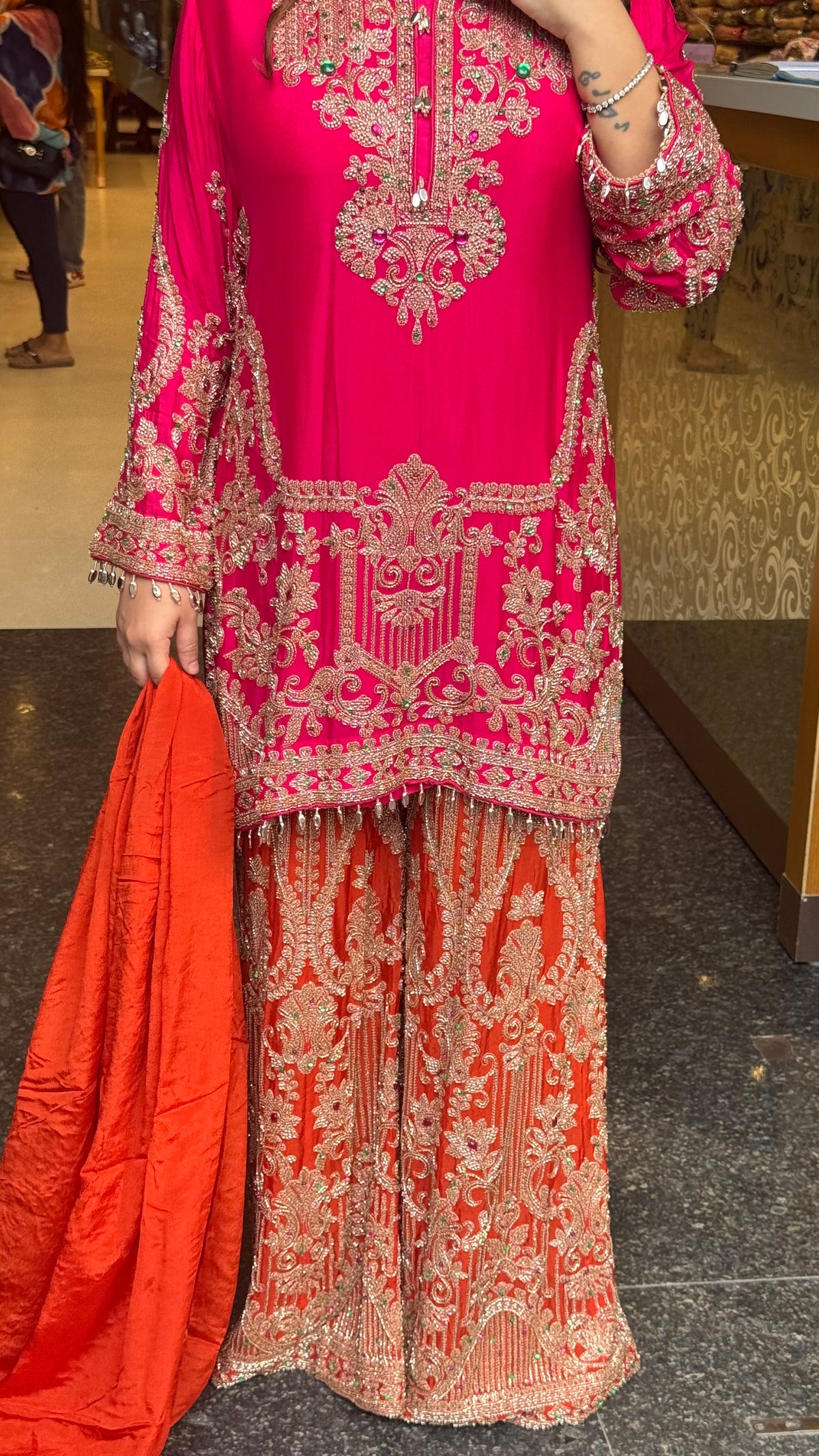 Embellished Chinon Suit Set with Multicolor Stone & Beadwork