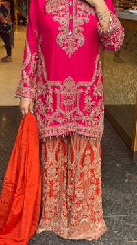 Embellished Chinon Suit Set with Multicolor Stone & Beadwork