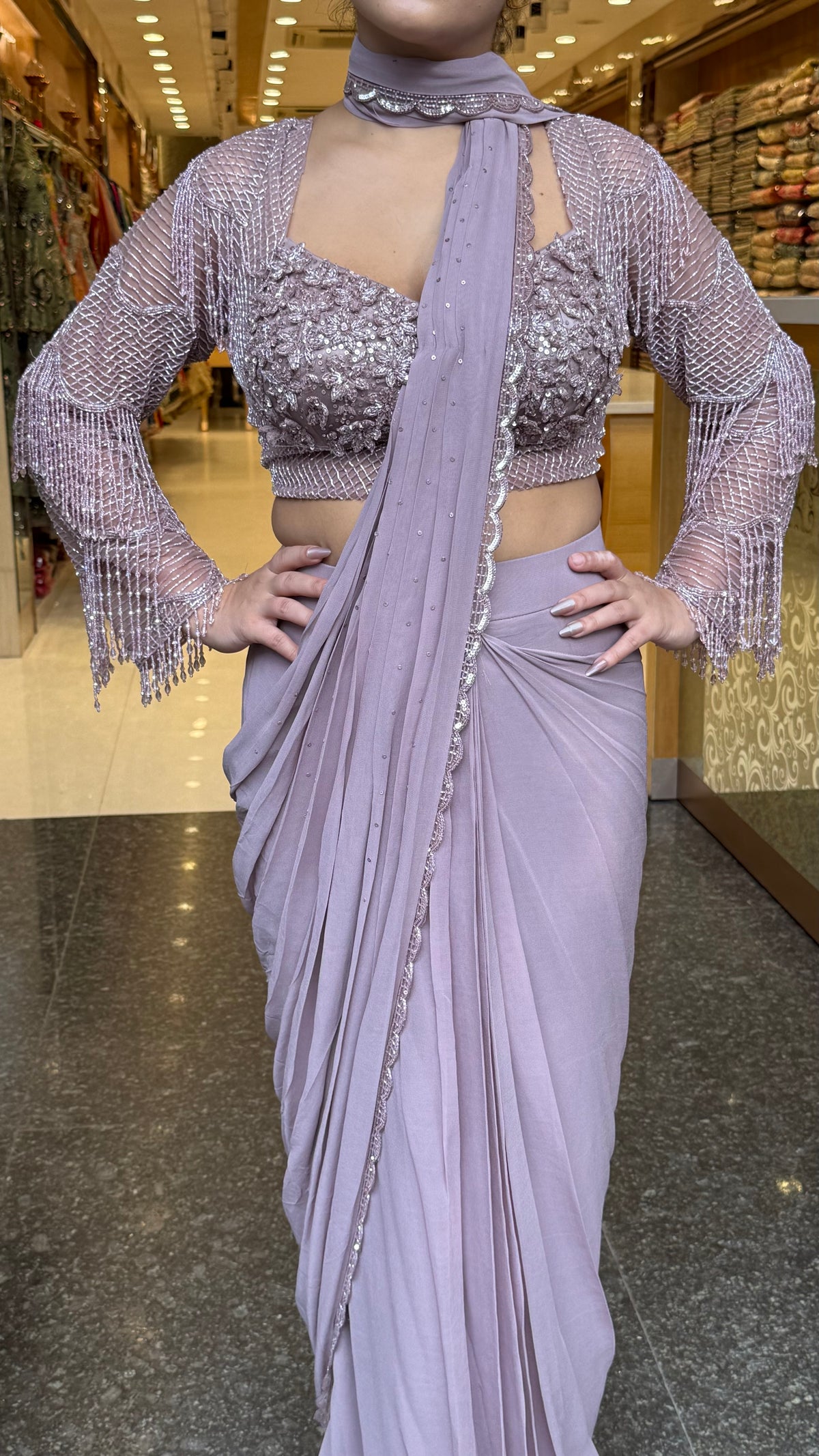 Handwork Georgette Drape Saree with Full-Sleeve Blouse & Tassel Detailing
