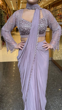 Handwork Georgette Drape Saree with Full-Sleeve Blouse & Tassel Detailing