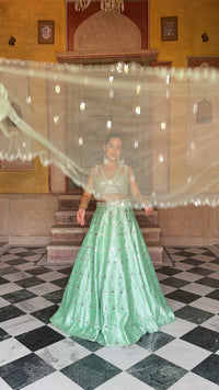 Elegant Raw Silk Lehenga with Intricate Mirror Work