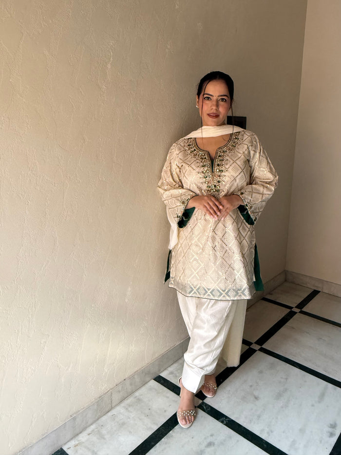 Banarasi Co-ord Set with Kundan & Dabka Hand-Embroidered Neckline