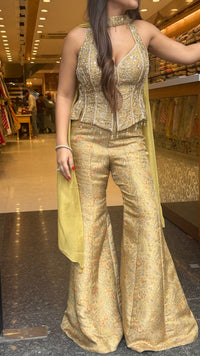 Banarasi Shimmer Indo-Western Set with Mirror, Dabka & Pearl Work | Designer Blouse & Bell Bottoms