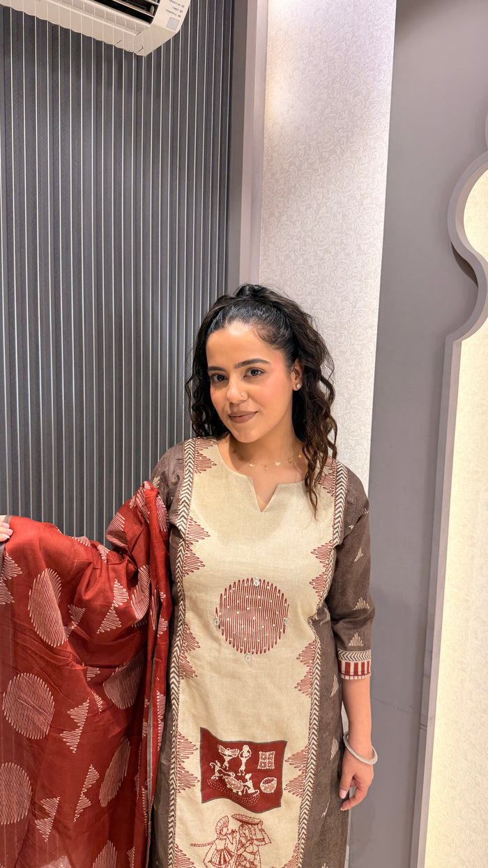 Warli Print Cotton Suit with Thread Embroidery