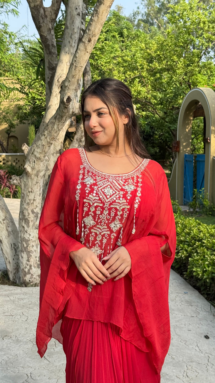 Gold Embellished Organza Kaftan Set with Crepe Bottom
