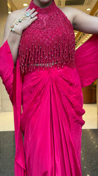 Elegant Crepe Drape Saree with Pearl Tassel Blouse – Designer Ethnic Wear