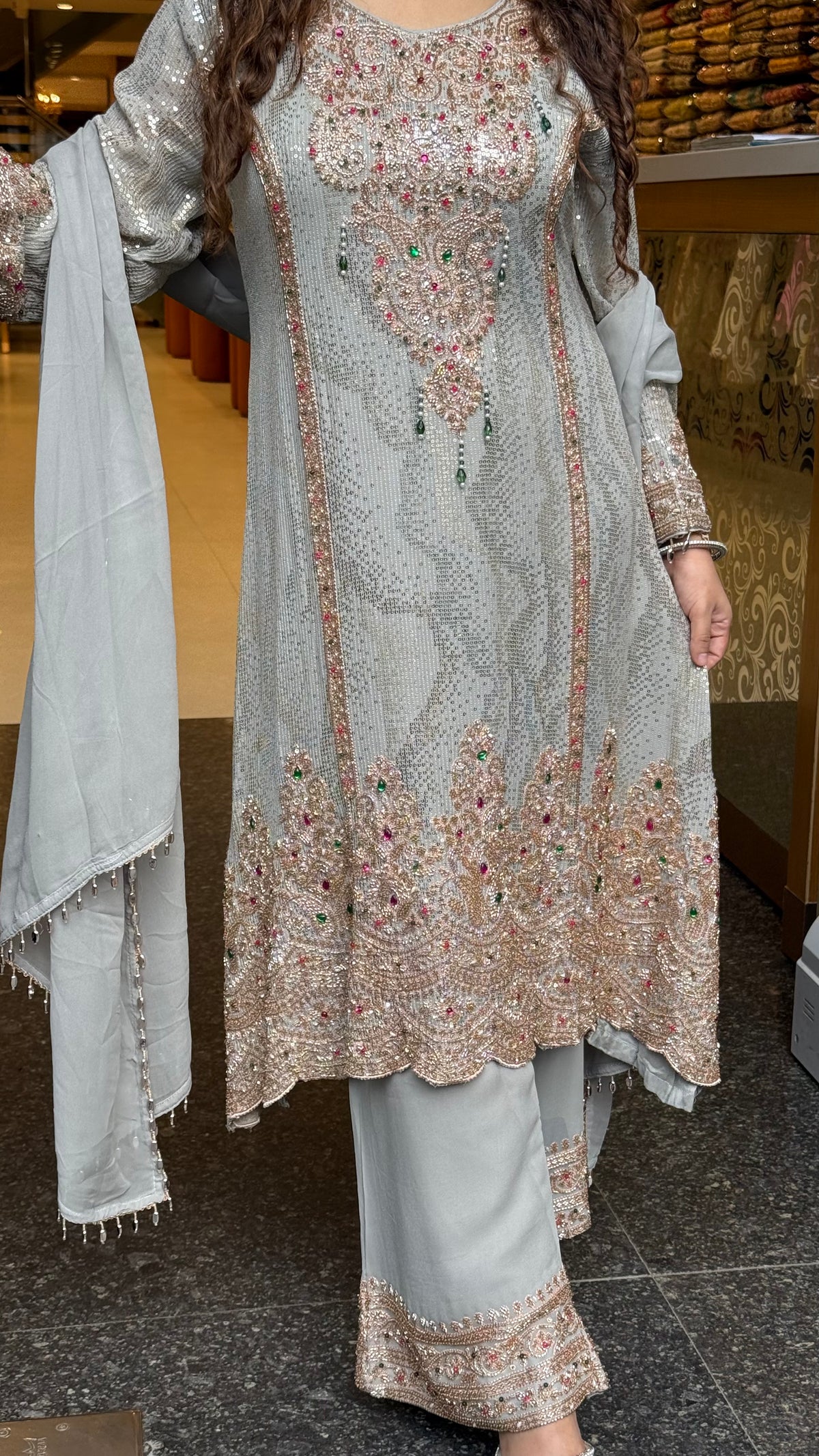 Designer Georgette Suit Set with Sequin Shirt & Multicolor Stone Beads Work