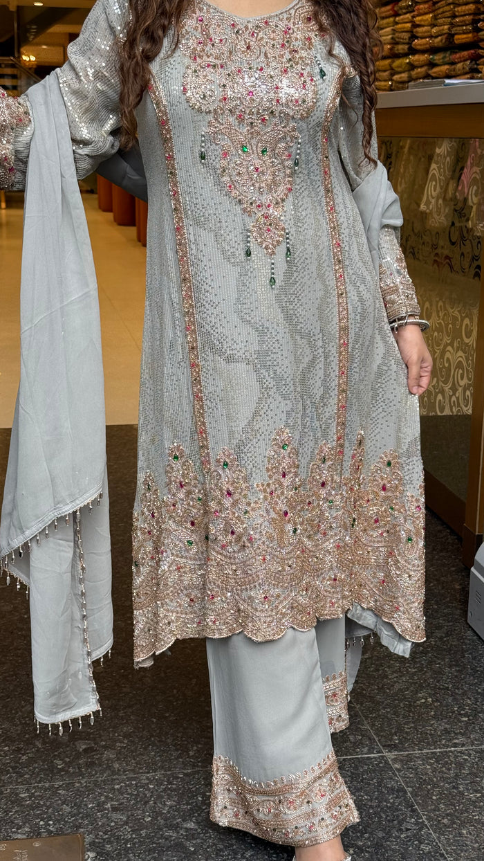 Designer Georgette Suit Set with Sequin Shirt & Multicolor Stone Beads Work