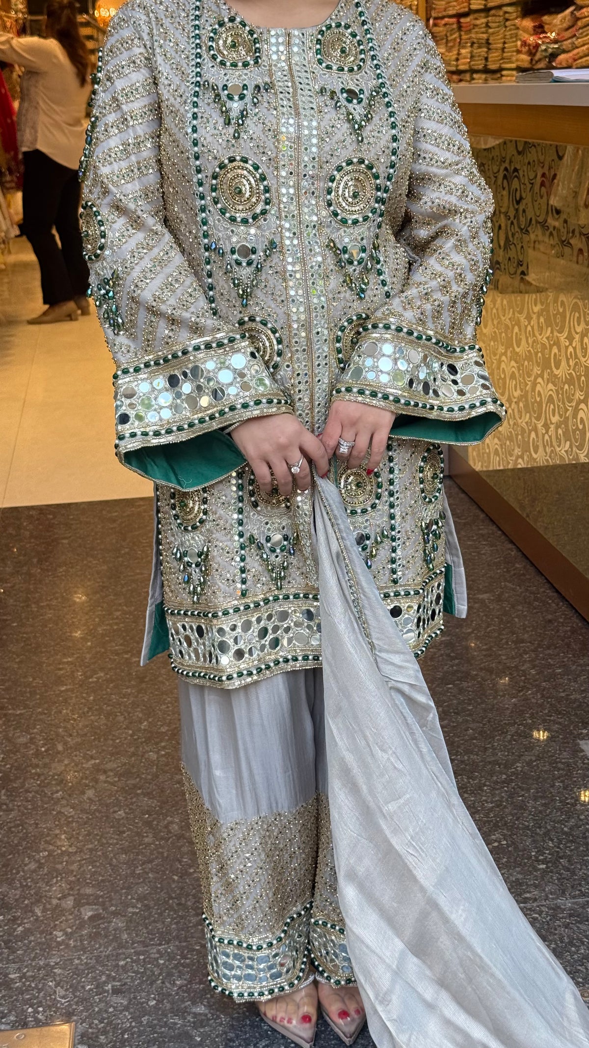 Luxury Shimmer Tissue Suit Set with Beads Jewellery & Mirror Work