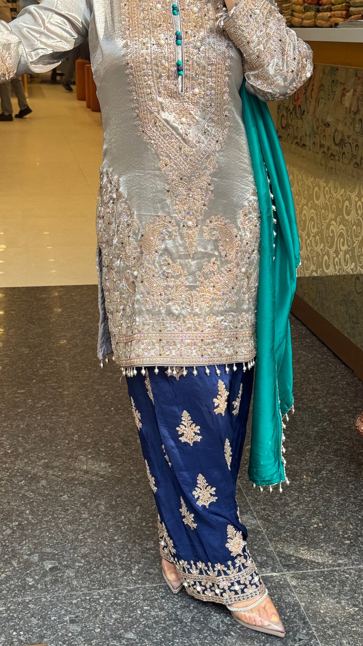 Shimmer Silk Beaded Suit Set with Chinon Salwar Style Pant