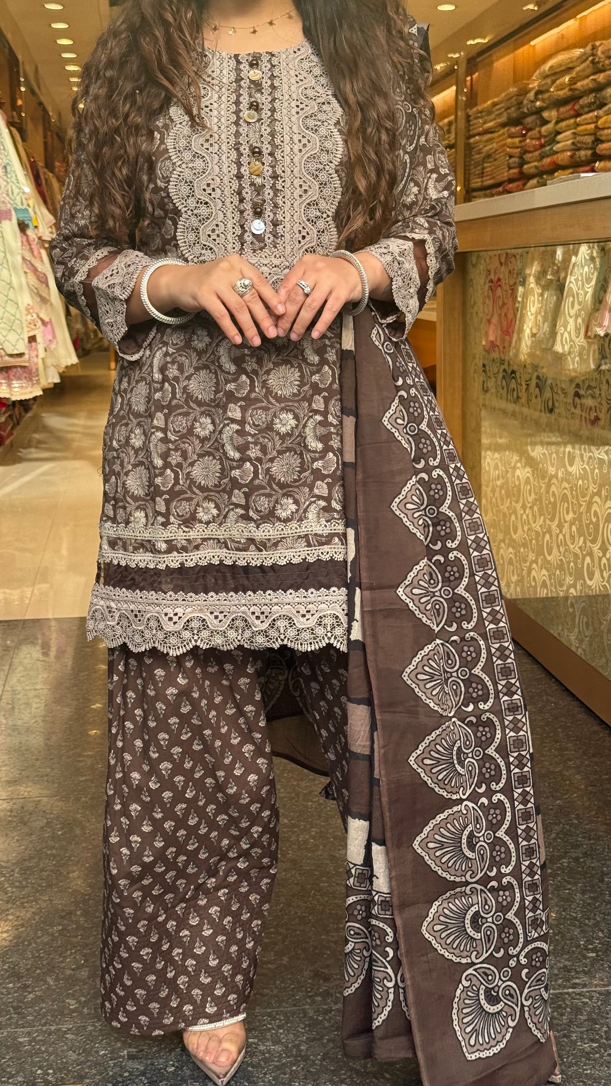 Ajrakh Print Farshi Suit Set with Thread Embroidery Neckline Mirror & Shells Detailing | Up to Size 46 (Copy)