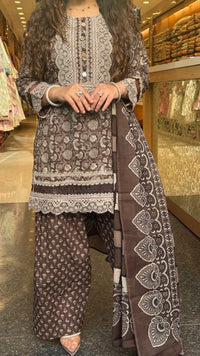 Ajrakh Print Farshi Suit Set with Thread Embroidery Neckline Mirror & Shells Detailing | Up to Size 46 (Copy)
