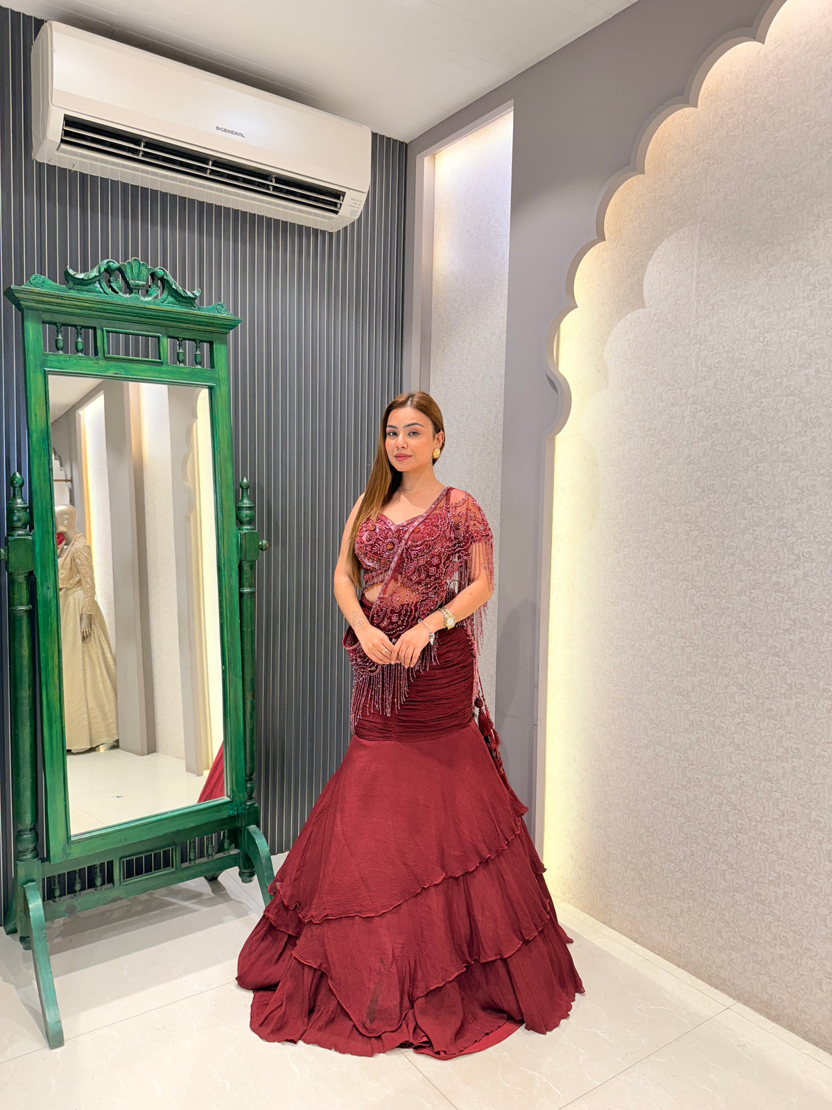 Designer Fish cut Drape Saree with Handwork Blouse & Embellished Palla