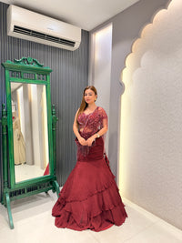 Designer Fish cut Drape Saree with Handwork Blouse & Embellished Palla