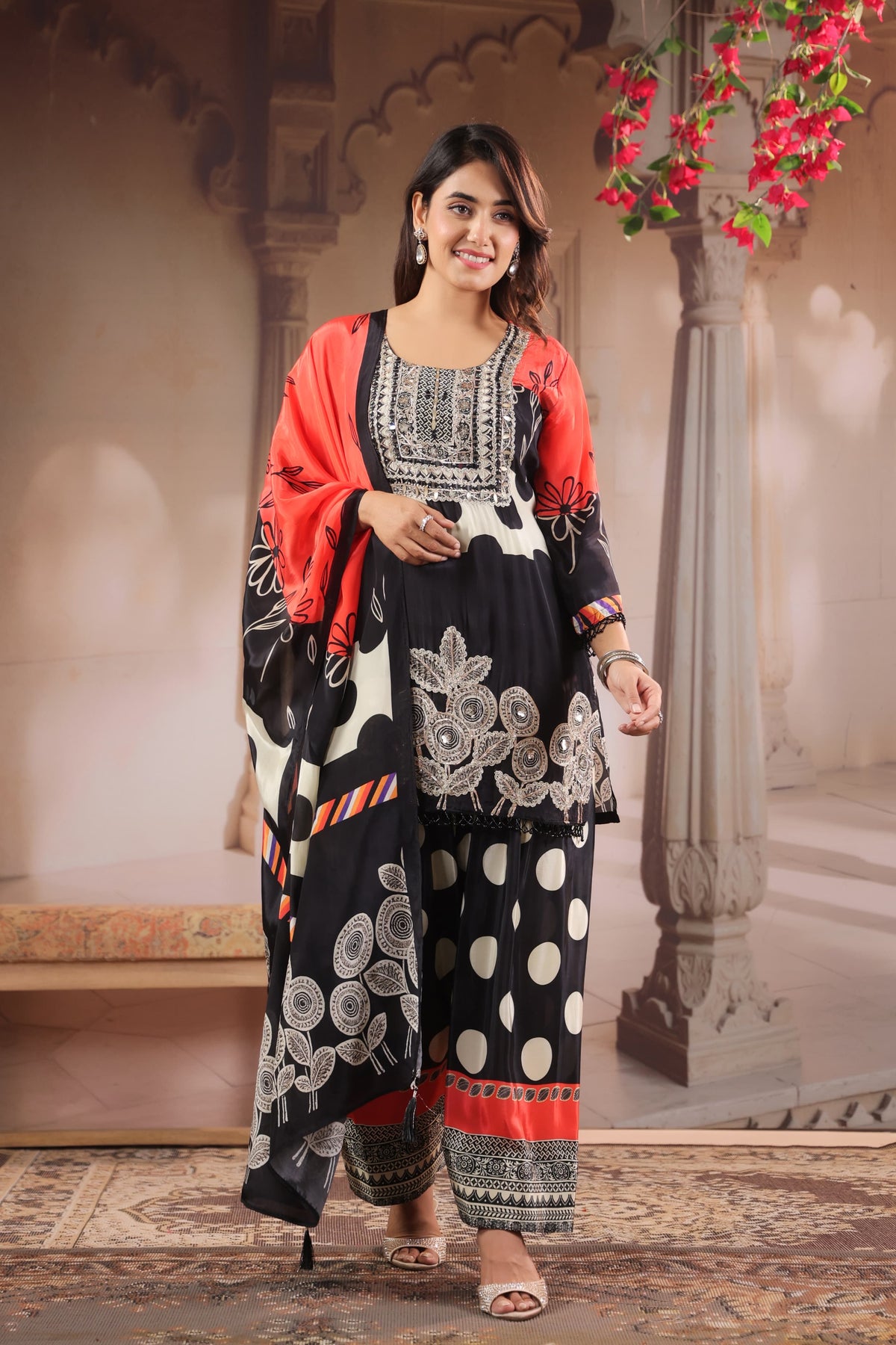 Polka Dot Crepe Suit Set with Gotta Detailing | Budget-Friendly