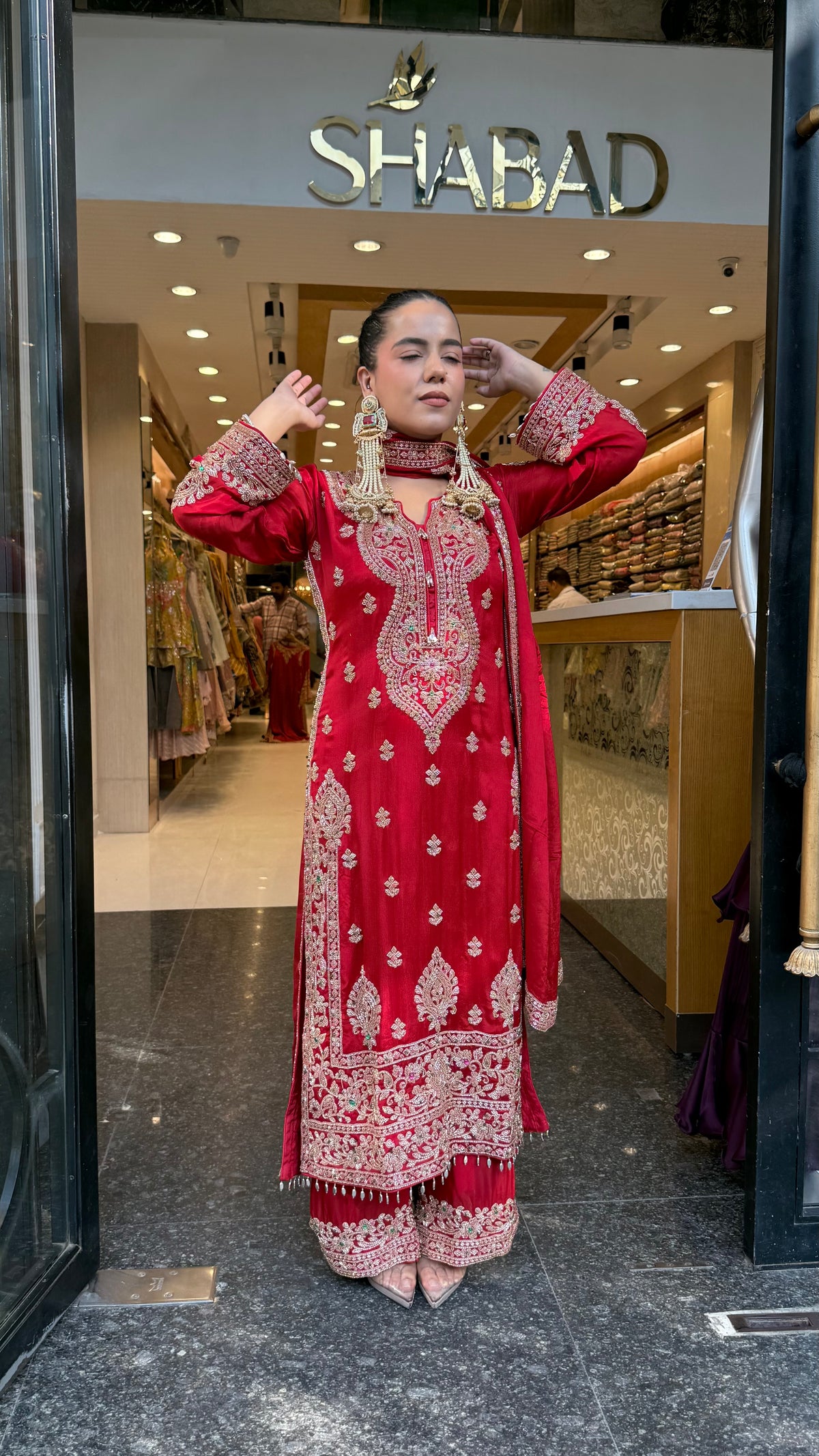 Designer Chinon Suit Set with Multicolour Stone & Beads Work (customisation available for 46/48 size)