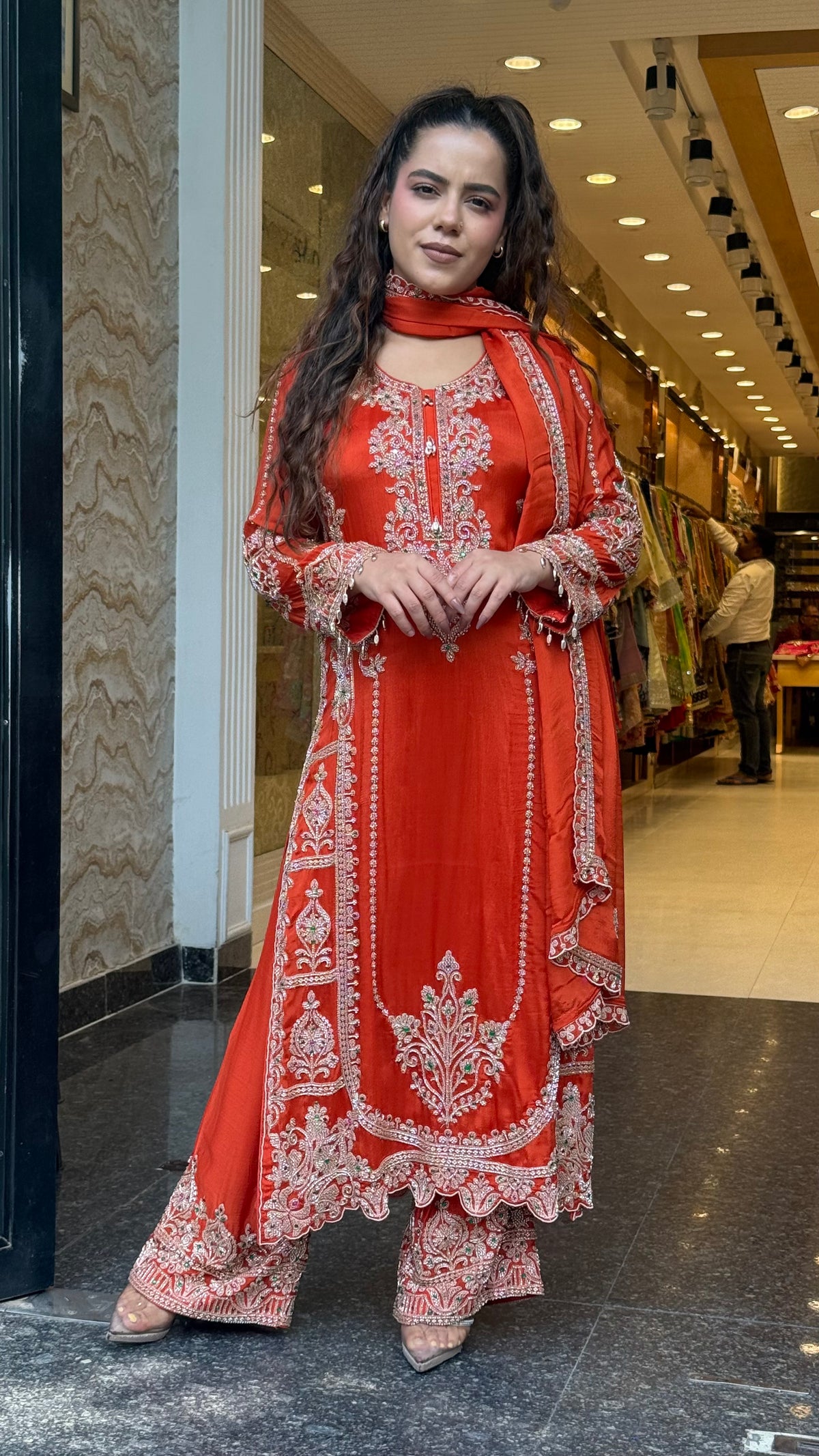 Designer Chinon Suit Set with Intricate Beads Work | Sizes Up to 42