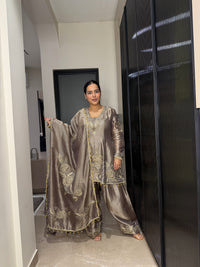 Silk Organza Suit with Zardosi & Aari Embroidery | Antique Silver & Gold Work