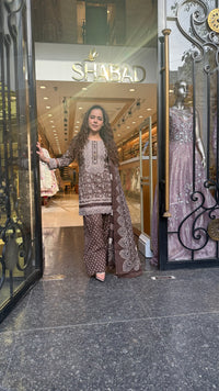 Ajrakh Print Farshi Suit Set with Thread Embroidery Neckline Mirror & Shells Detailing | Up to Size 46 (Copy)