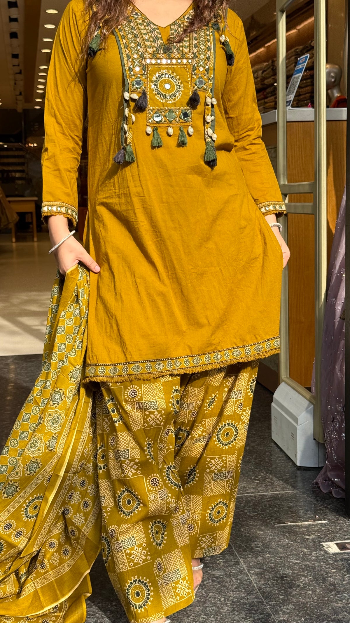 Ajrakh Print Farshi Suit Set with Thread Embroidery Neckline Mirror & Shells Detailing | Up to Size 46
