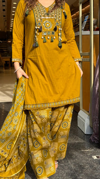 Ajrakh Print Farshi Suit Set with Thread Embroidery Neckline Mirror & Shells Detailing | Up to Size 46